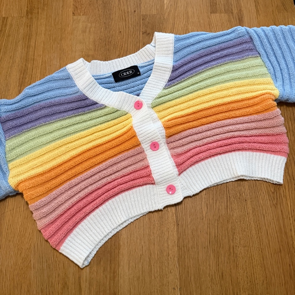 Cider MEDIUM Pastel Rainbow Chunky Textured Crop Cardigan Sweater - Picture 3 of 10